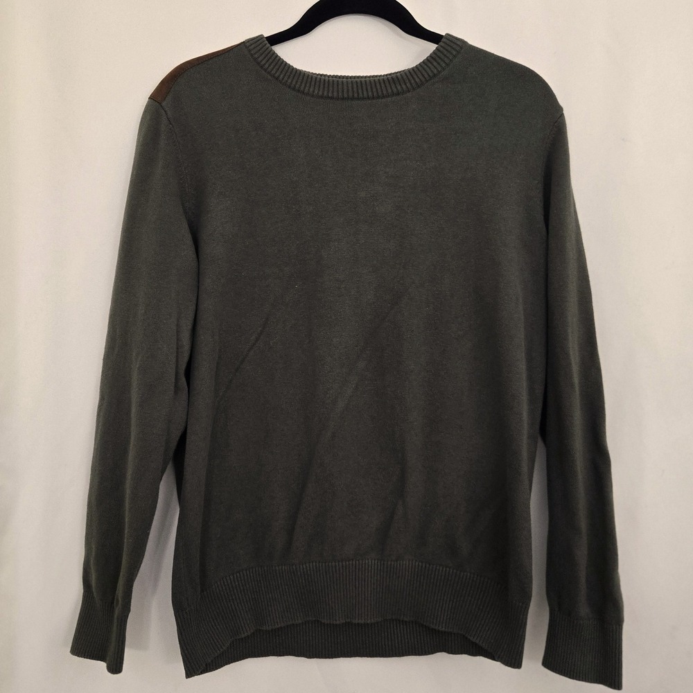 Cyrillus‎ Paris Shooting Sweater Men Medium Olive Green Suede Shoulder Patches